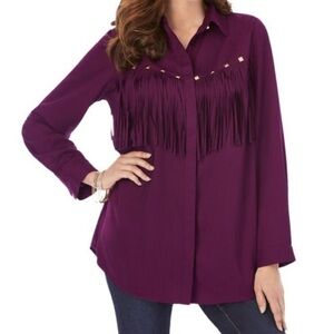 Roaman's Dark Berry/Purple Semi Sheer Women's Plus Size Fringe Big Shirt - 22 W